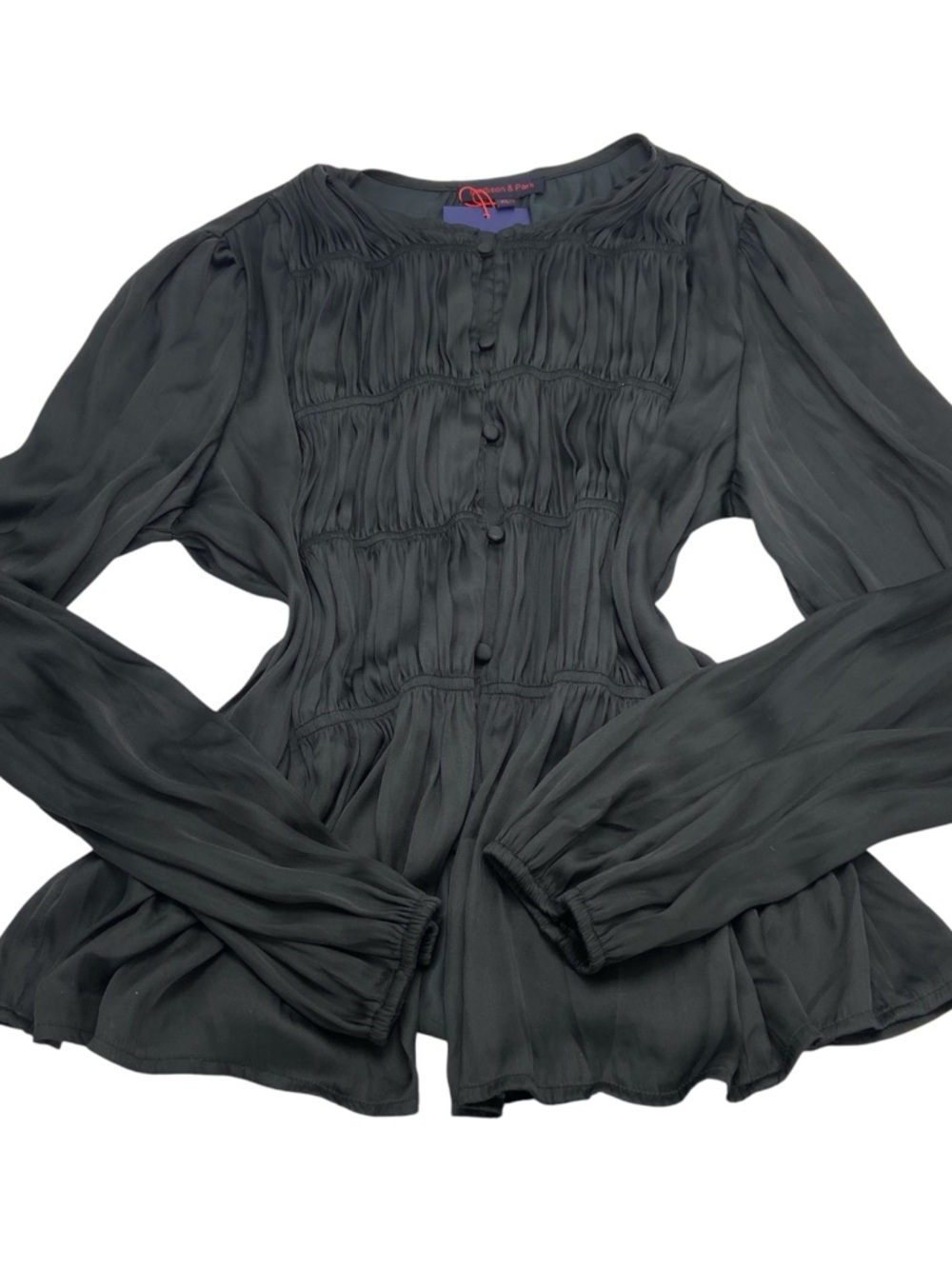 Madison & Park elegant black blouse with ruffles and button up front